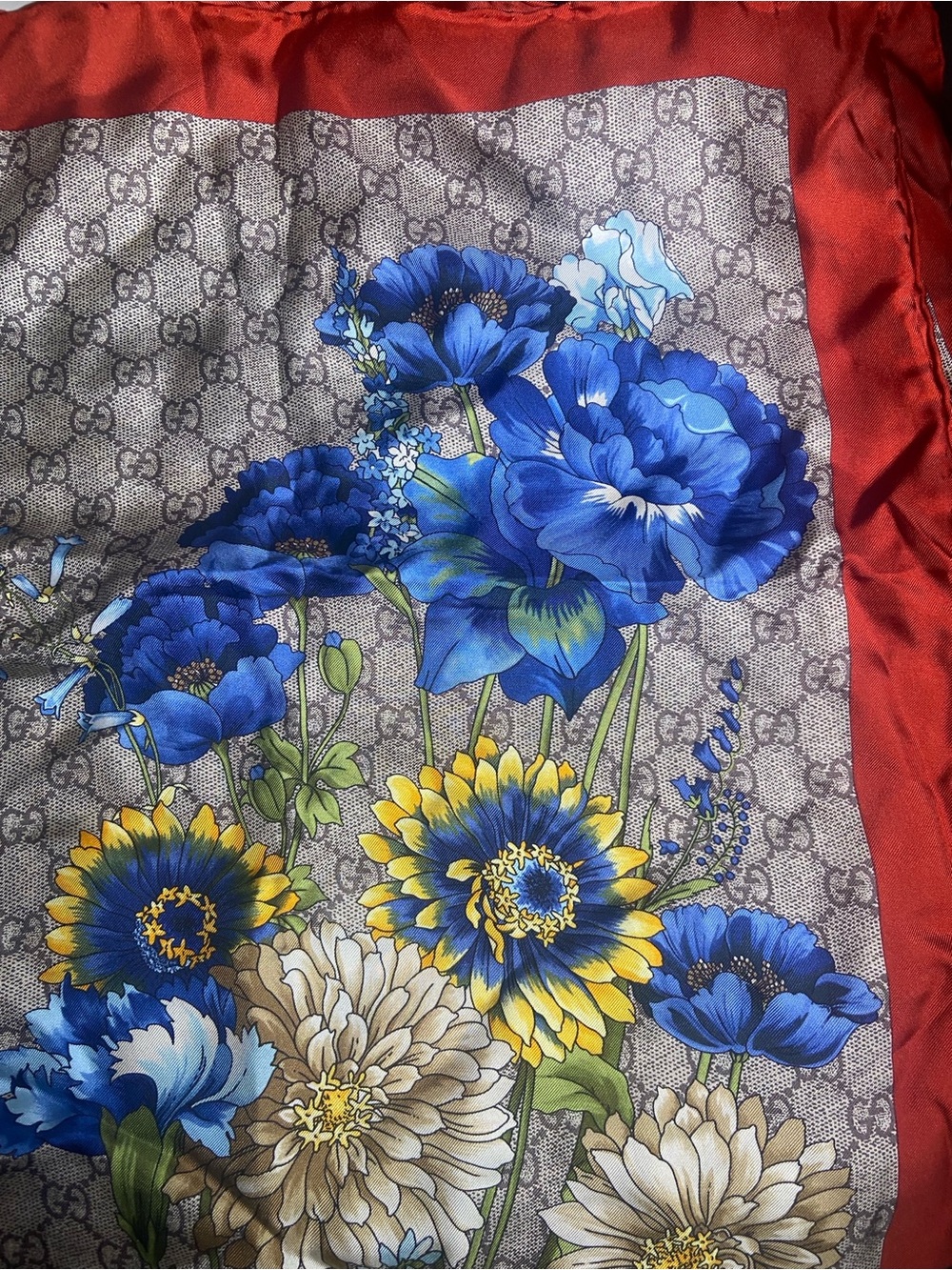 Gucci Beige Monogram Floral Silk Scarf with Blue, Yellow and Red Accents - Picture 5 of 9